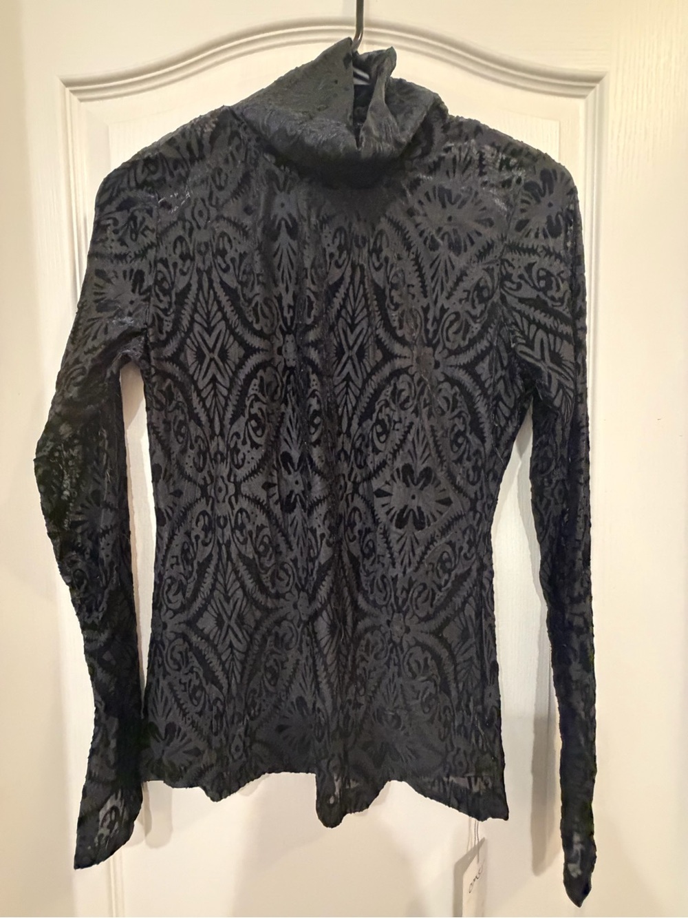 OMSJ NWT Black Gray Burnout Velvet Mock Neck Mesh Top